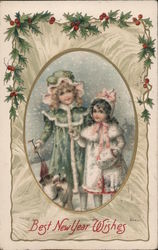 Best New Year Wishes - Two Young Girls Standing in the Snow New Year's Postcard Postcard Postcard