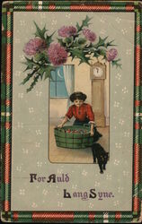 Woman with barrel of apples and black cat: "For Auld Lang Syne" New Year's Postcard Postcard Postcard