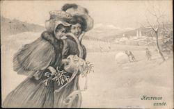 Two girls walking in the snow: "Happy New Year" Postcard