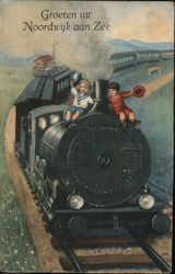 Two Children Sitting on a Black Train Trains, Railroad Postcard Postcard Postcard