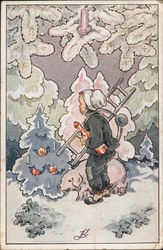 Czech Boy Carrying a Ladder Through the Snow Children Postcard Postcard Postcard