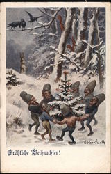 Seven Gnomes Dancing Around a Christmas Tree Postcard Postcard Postcard