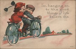 I'm Hanging on to the Good Things of Life Believe me. - A Little Boy and Girl on a Motorcycle Postcard