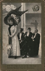 Three Men Sitting Behind a Woman with a Large Hat Postcard