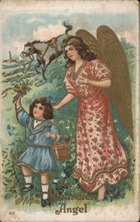 The Guardian Angle - A Little Girl with A Guardian Angel Girls Postcard Postcard Postcard