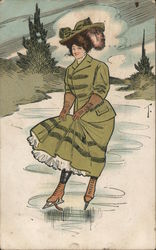 Woman in a Green Skirt on Ice Skates Ice Skating Postcard Postcard Postcard