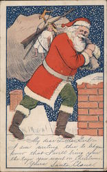 Santa Claus On Snowy Rooftop With Bag Of Toys Postcard