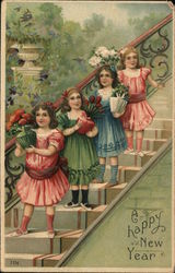 A Happy New Year - Four Girls on the Stairs Postcard