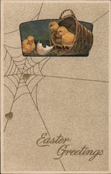 Easter Greetings, Chicks, Spider Web Postcard