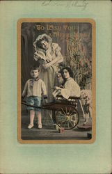 To Wish you a Merry Xmas! - Three Kids Posing In and Behind a Wagon Postcard