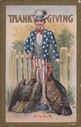 Thanksgiving Rivals, Uncle Sam, Turkey & Bald Eagle Patriotic Postcard Postcard Postcard