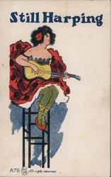 Girl in Red Dress Playing Guitar: Still Harping Music Postcard Postcard Postcard