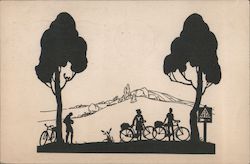 Three People with Bicycles Between Two Trees Silhouettes Postcard Postcard Postcard