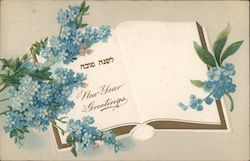 New Year Greetings - A Book with Blue Flowers Jewish Postcard Postcard Postcard