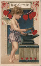 Love's Offering - Blacksmith Cupid Hammering a Heart Postcard Postcard Postcard