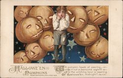 Halloween Pumpkins - A Boy Standing Scared by a Bunch of Jack O'Lanterns Postcard