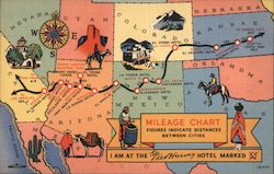 Mileage Chart, Fred Harvey Hotels Maps Postcard Postcard Postcard