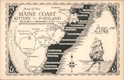 Map of the Maine Coast - Kittery to Portland Postcard