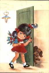 Cartoon of a little girl holding flowers Postcard