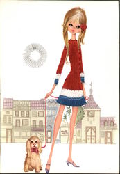 Cartoon of a girl with her pet dog Postcard