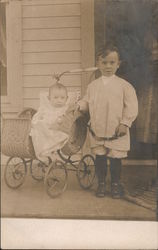 Two Children on Porch, Baby Carriage Postcard