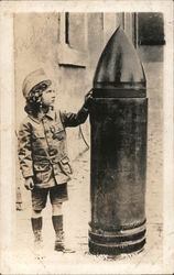 Child Standing by Huge Artillery Shell World War I Postcard Postcard Postcard