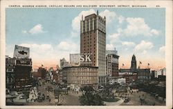 Campus, Monroe Avenue, Cadillac Square and Soldiers' Monument Detroit, MI Postcard Postcard Postcard