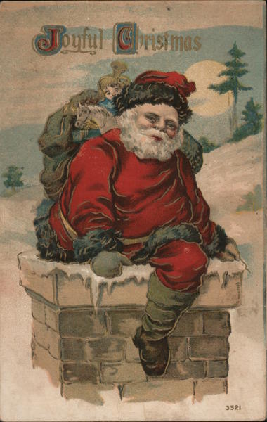 Joyful Christmas - Santa Climbing Out of a Chimney Santa Claus Postcard