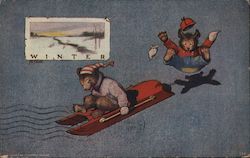 Bears Sledding "Winter" Postcard