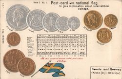 Postcard With National Flag and Coinage: Sweden and Norway Money & Coins Postcard Postcard Postcard