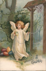 Peaceful Easter -- Angel with Eggs Rings Bell Postcard