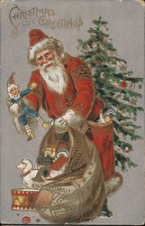 Christmas Greetings -- Santa with His Bag of Toys Postcard