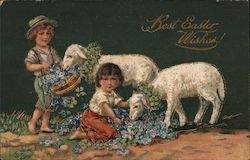 Best Easter Wishes -- Children with Lambs Postcard Postcard Postcard