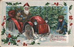 Santa Drives a Child in a Car While Another Child Makes Snowballs Postcard