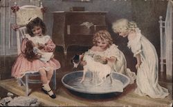 Three Little Girls, One Washes a Dog Postcard