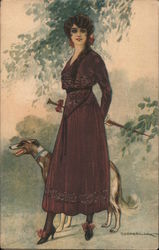 Woman Walking Greyhound Postcard