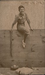 Come On Boys -- Woman Climbing Fence to Play Baseball Postcard