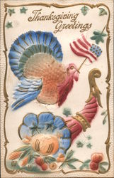 Thanksgiving Greetings - Turkey holding a flag and a cornucopia. Postcard