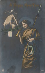 A Happy New-Year -- Woman with Horn, Lantern, and Pike. Postcard