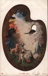 A Close Call -- Cat Escapes 2 Dogs Through Thumb Hole in an Painter's Palette Postcard