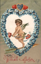 With all affection / Cupid sitting inside heart of flowers Postcard