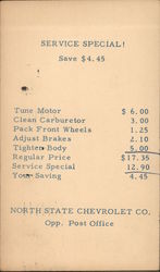 Service Special! Save $4.45. North State Chevrolet Co. Greensboro, NC Cars Postcard Postcard Postcard