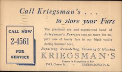 Kriegsman's Furriers - Call to store your furs Postcard