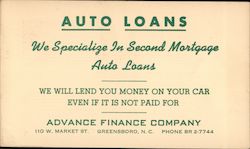 Auto Loans -- Advance Finance Company Postcard