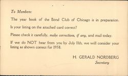 Bond Club of Chicago Correspondence Postcard