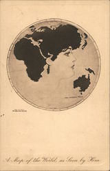 "Pictorial Comedy" A Map of the World, as Seen by Him World map in circular frame with woman's face in profile. Postcard