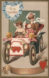 To My Valentine - Cupid Driving a Woman in a Car Postcard