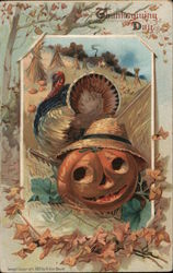 Thanksgiving Day Greetings Jack-O-Lantern Turkeys Postcard Postcard Postcard