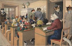 Cat Students at Desks in School with Cat Teacher & Cat Adults Watching Postcard