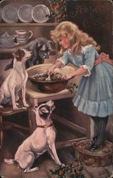 A Girl Mixing Food with Three Dogs Watching Her Girls Postcard Postcard Postcard